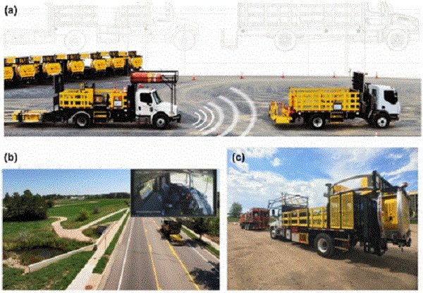 Figure of the autonomous truck mounted attenuator system: a lead truck and a driverless follow truck, with views from the field